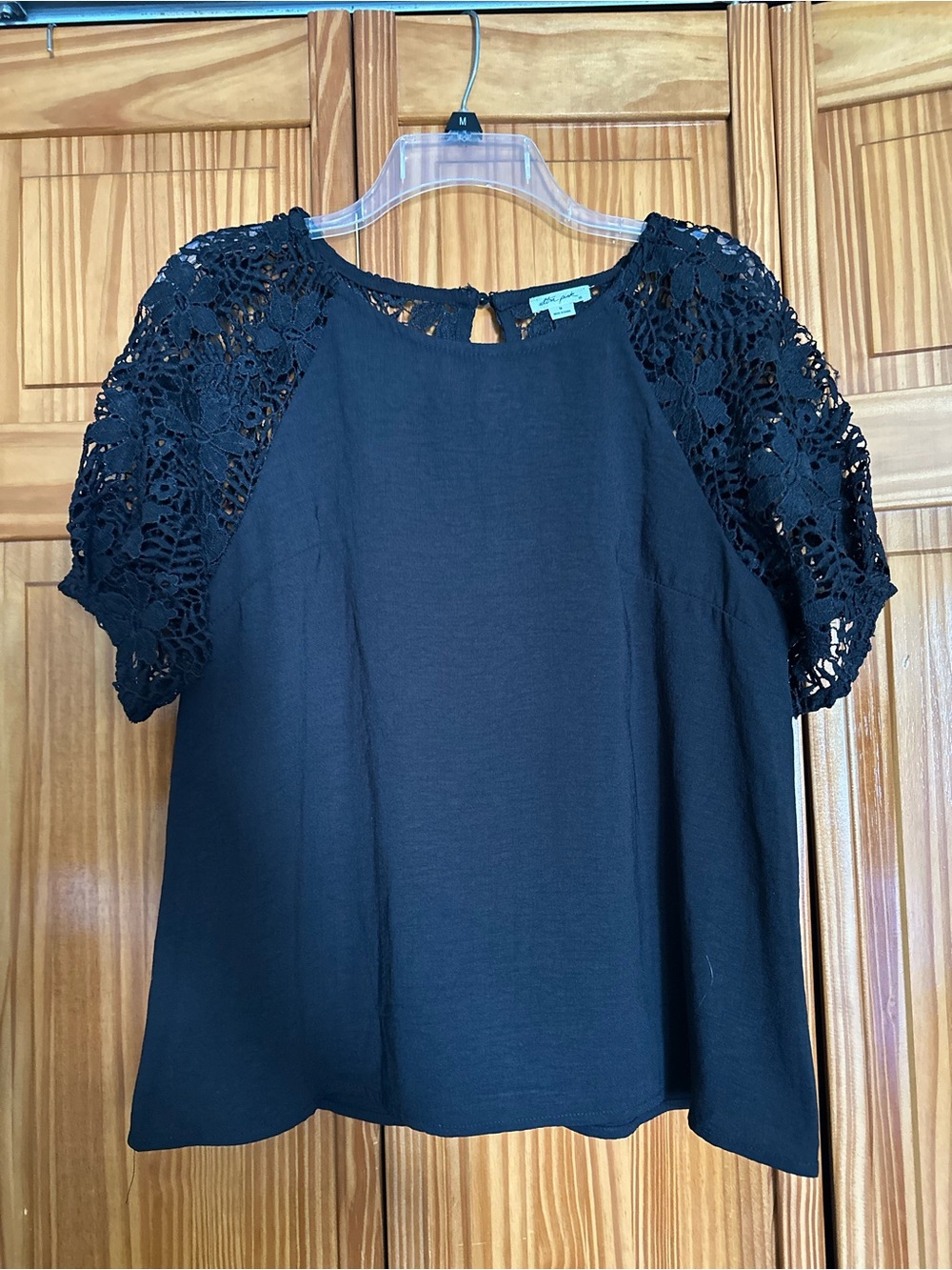 Ultra Pink Black Crochet-Sleeve Blouse